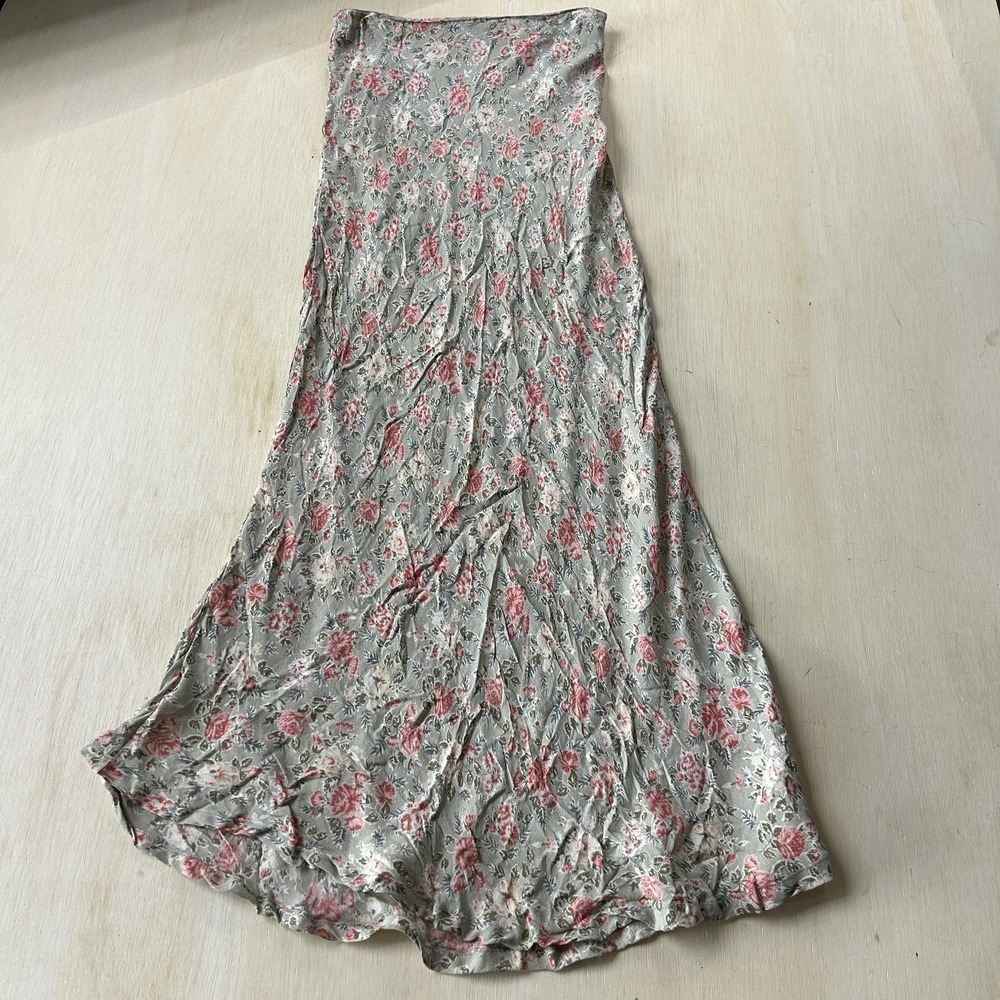 Vintage Boho Crossing Pointe Skirt Womens Small Petite Green Floral A-Line Midi